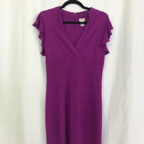 Cache Vintage Purple Sheath Dress Flutter Sleeve Womens 6 V Neck Knee Length - Picture 2 of 6